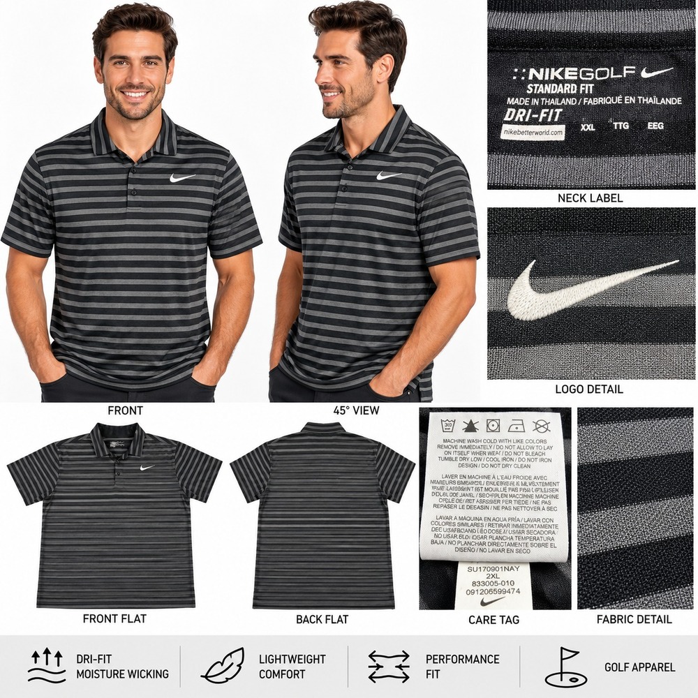 Nike Golf Dri-Fit Mens 2XL Black Striped Short Sleeve Polo Shirt 833005-010